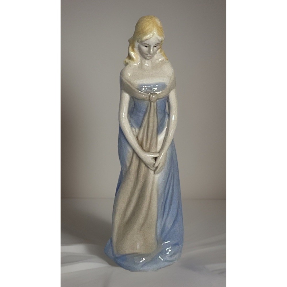 Lladro Type Standing Girl in Blue Dress With Scarf Ceramic Angel
